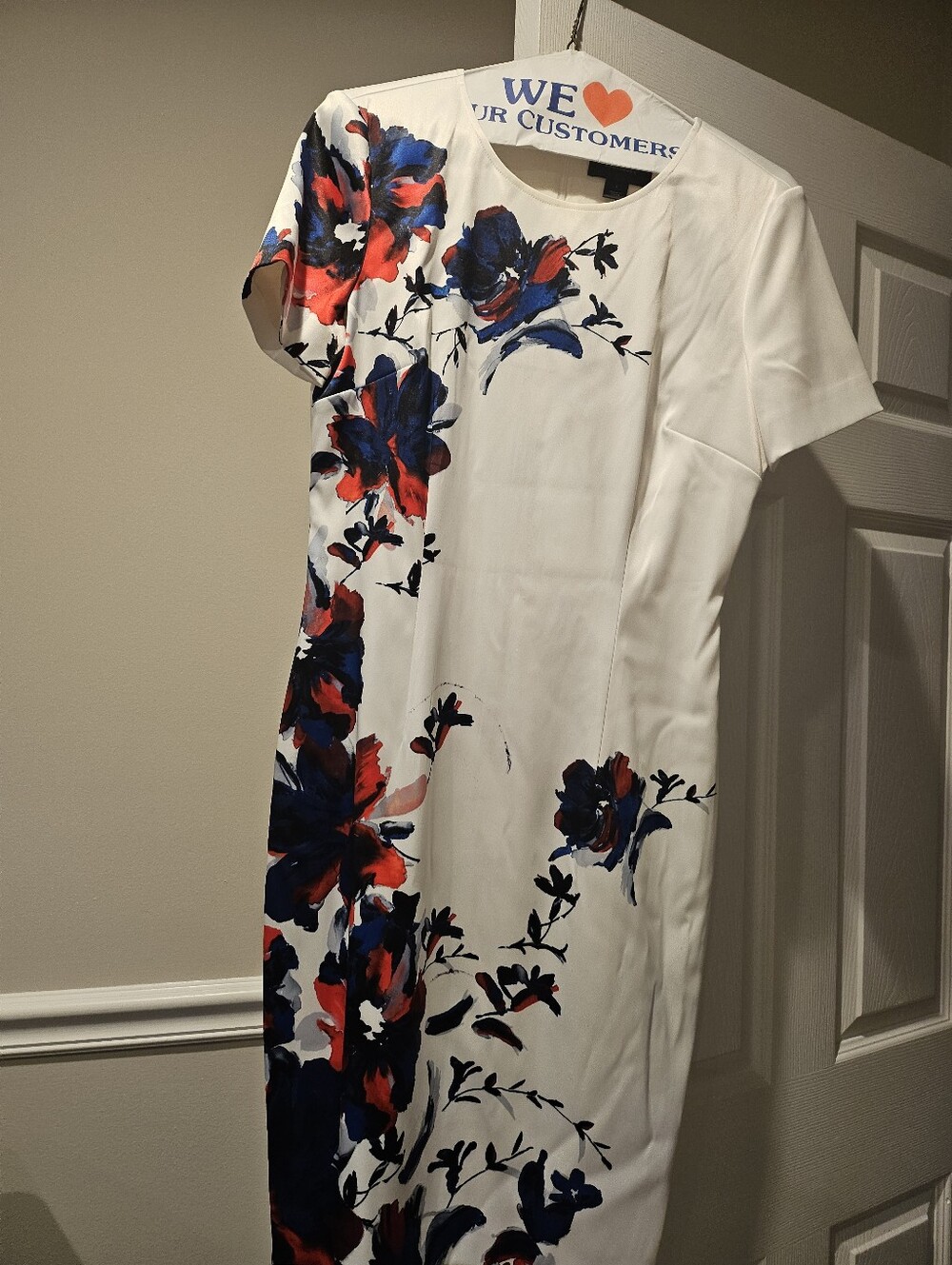 St. John Cream Midi Dress with Blue and Red Floral Pattern